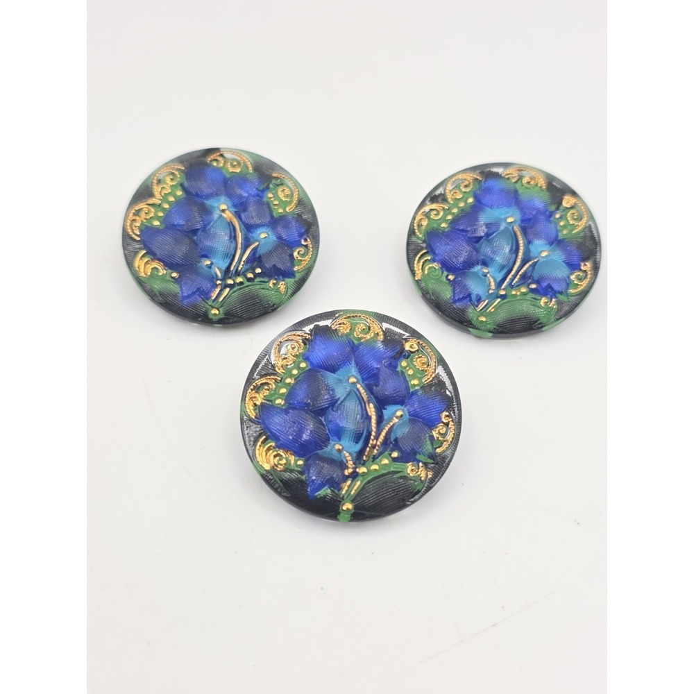 Vintage Czech Style Pressed Glass Buttons Blue Green Gold Tone Ornate Detail 1"